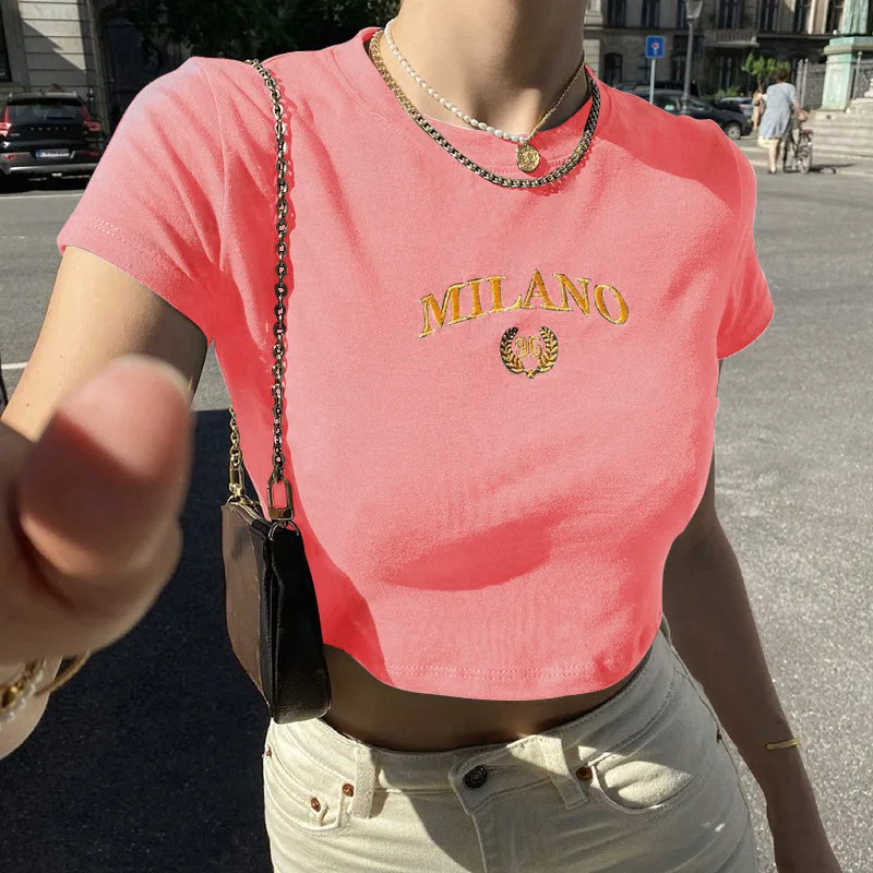 Summer Black Sexy Women's T-shirt Clothese Short Sleeve Casual Crop Top Letter Embroidery T Shirt Female O-Neck Cropped Tops