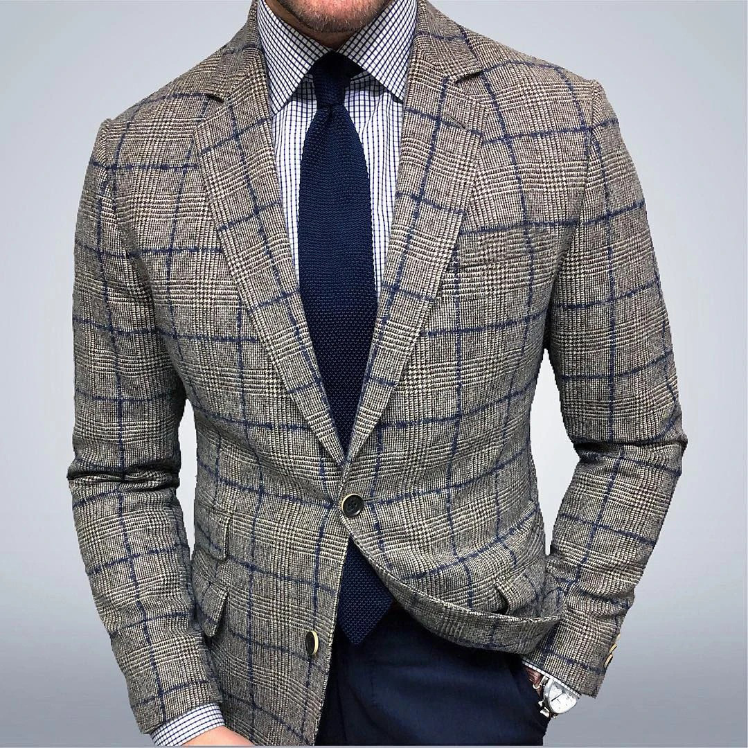Men's Jacket Blazer Engagement Party Cocktail Attire Breathable Pocket Fall Winter Plaid / Check Business 1920s Turndown Regular Regular Fit Brown Gray Jacket 2024 - US $41.99 –P1