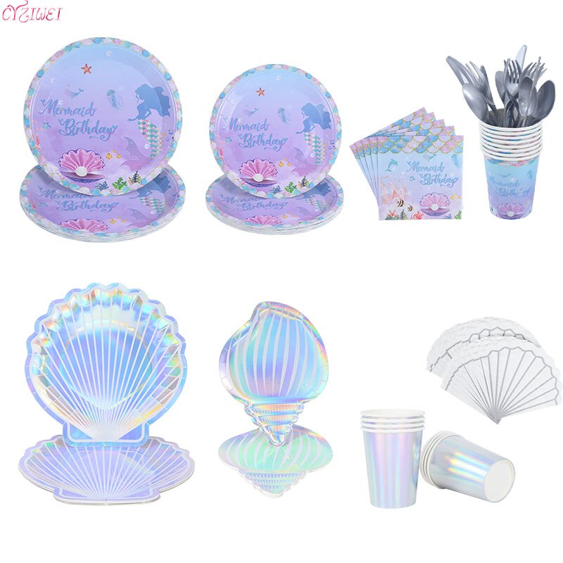 Mermaid Party Colorful Shell Disposable Tableware Summer Beach Under The Sea Party Little Mermaid Girls Birthday Party Decor