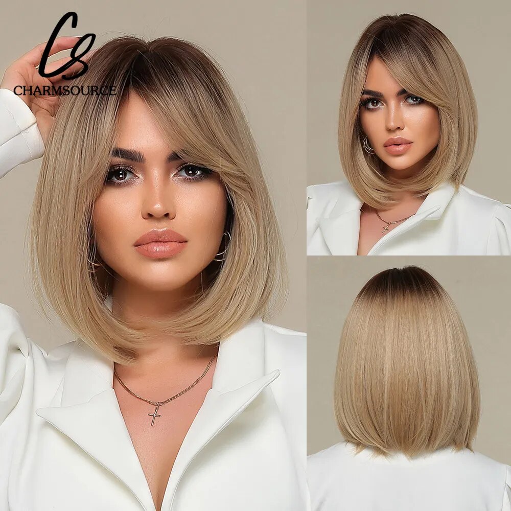 La Sylphide Bob Ombre Brown Blonde Wig with Bangs Natural Woman Wigs Daily Party Lolita Short Wigs Heat Resistant Hair