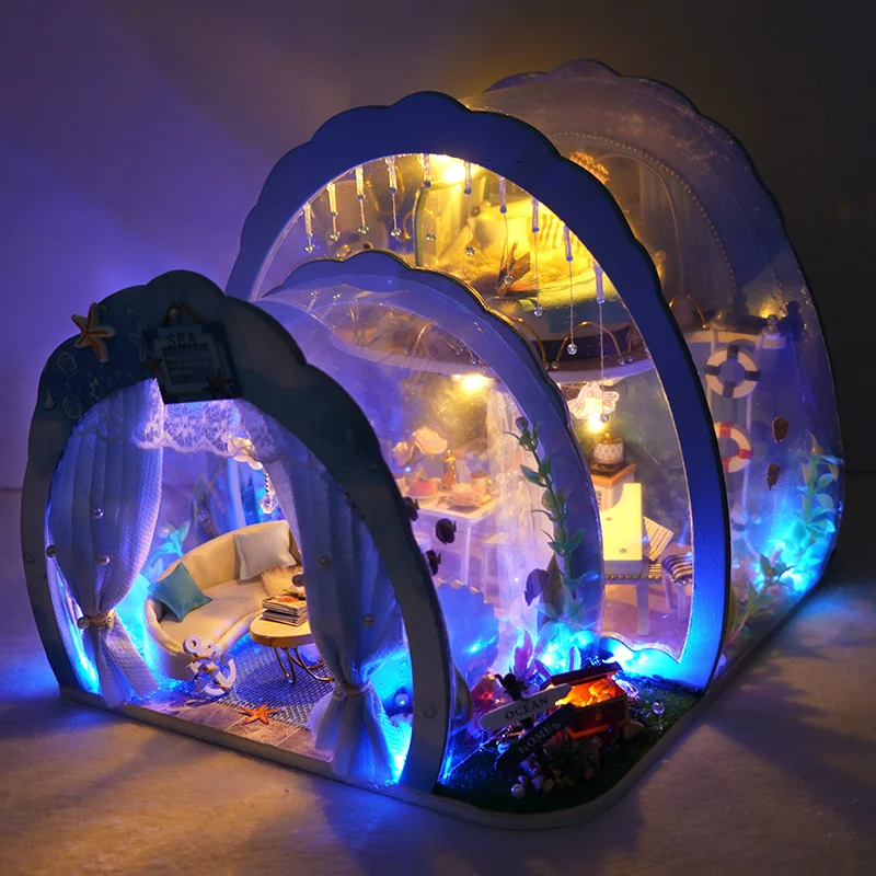 DIY Miniature Wooden Dollhouse Kit with Furniture Upgrade Blue Ocean Room Casa Doll House for Children Adult Christmas Gifts