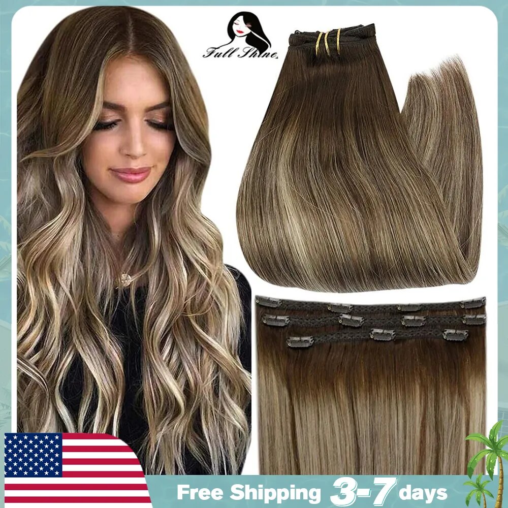 Full Shine Hair Clip in Hair Extensions Human Hair 50g 3pcs 100% Real Remy Human Hair Extensions Ombre Blonde Color Hairpins