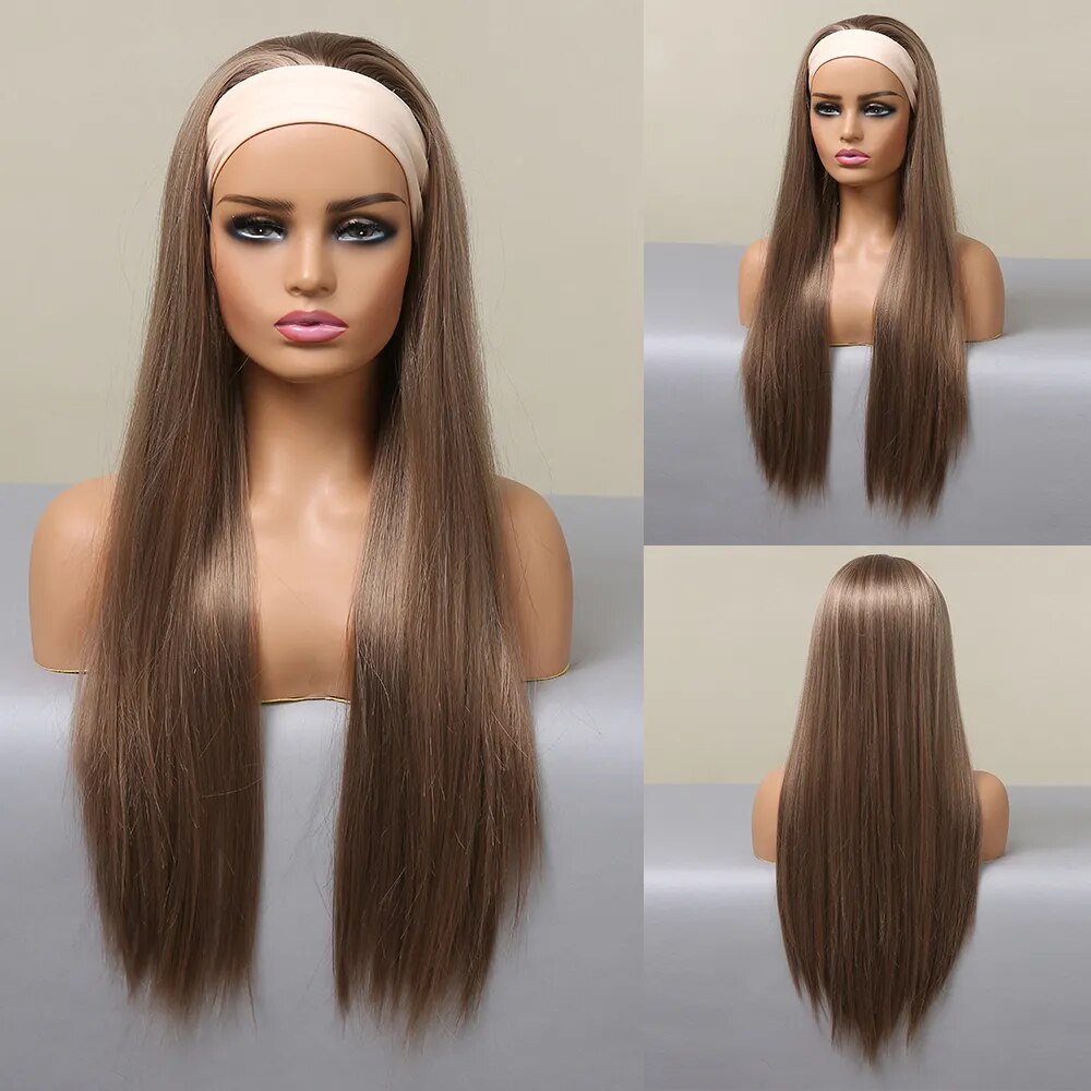 Long Straight Brown Blonde Synthetic Headband Wigs for Black Women Highlight Golden Hair Wigs Daily Cosplay Heat Resistant