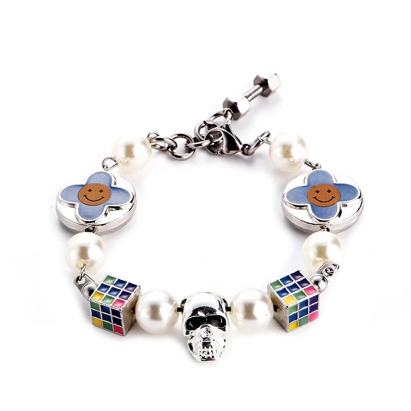 Fashion Petal Cross Wild Round Bead Skull Hip Hop Couple Necklace for Men and Women Hot Sale