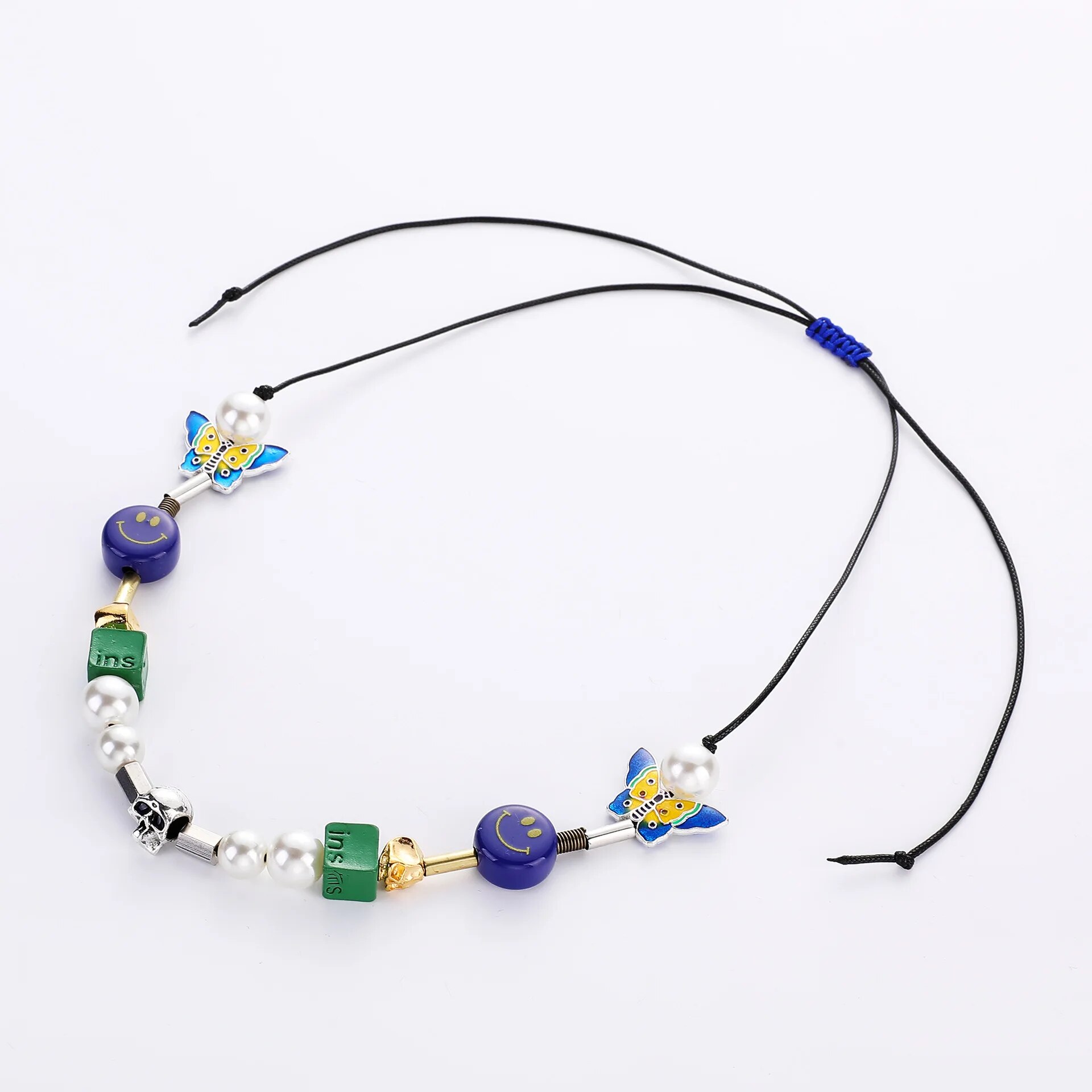 Fashion Blue Dice Skull Necklace Street Christmas Butterfly Round Bead Couple Necklace Gift Hot Sale