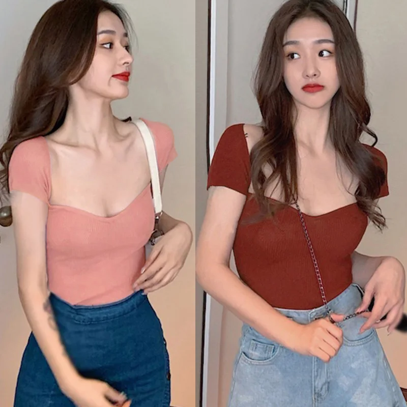 Women's Square Neck Slim Fit Sexy Knitted Short Sleeve T-shirt Korean Edition Solid Low Neck Sexy Knitted Short Sleeve T-shirt