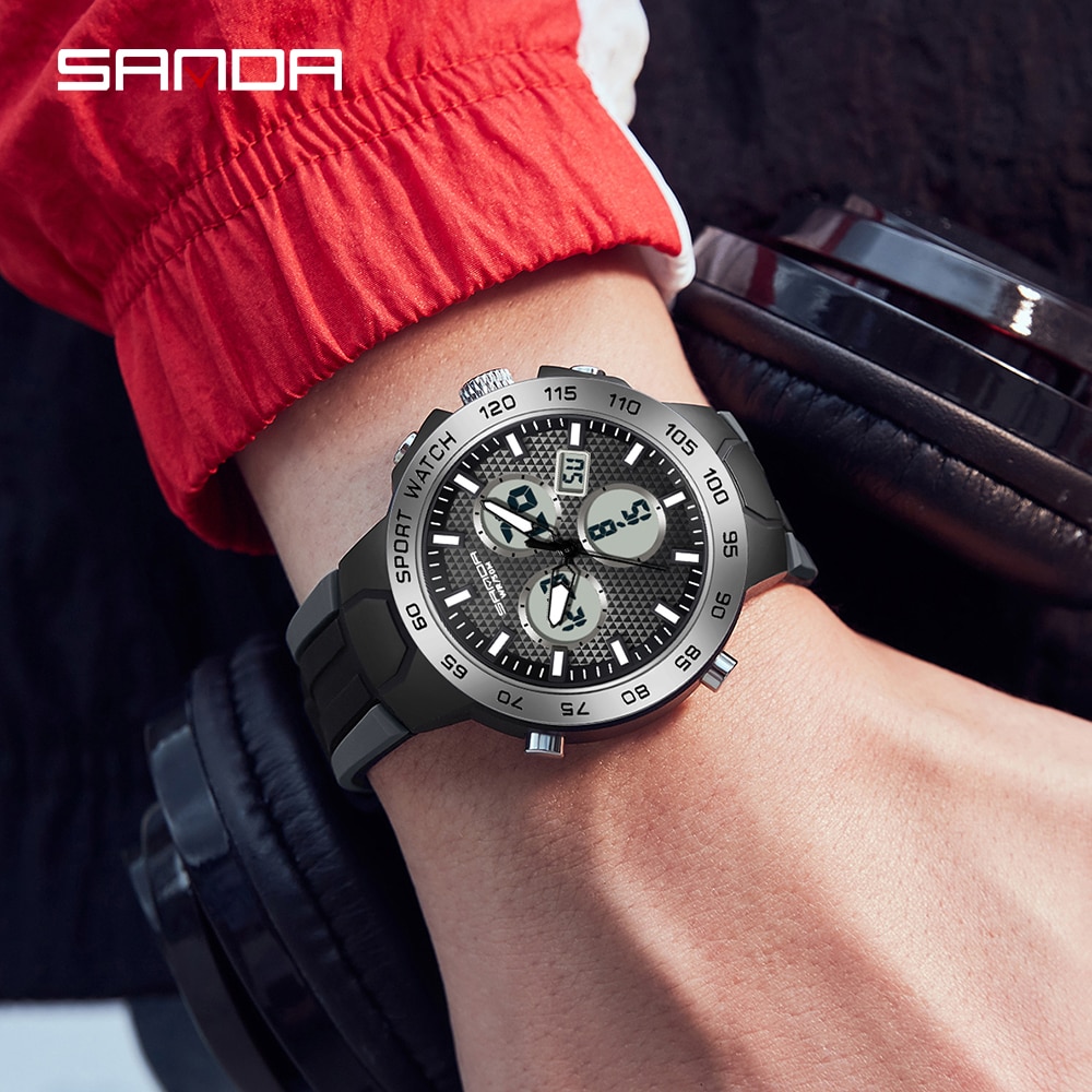 SANDA Top Luxury Brand Men's Watches Outdoor Sports Waterproof Dual Display Quartz Wristwatches Digital Relogio Masculino 3112