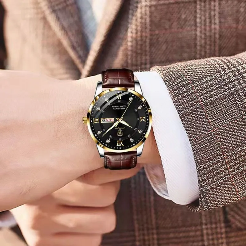 POEDAGAR Men's Fashion Ultra Thin Watches Top Quality Luxury Waterproof Luminous Date Week Leather Watch For Man Business Casual