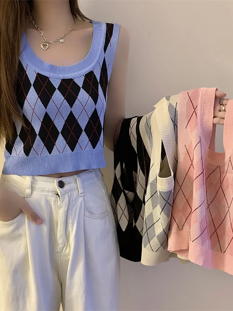 HELIAR Women Plaid Tank Tops Backless Cute Camis Female Crop Tops Knitted Tops Women Crop Tank Tops 2023 Summer
