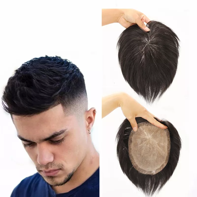 Toupee for Men Human Hair Pieces Hair Unit Wig Male Toupee Replacement System Men's Capillary Peotese Natural Black with Tapes