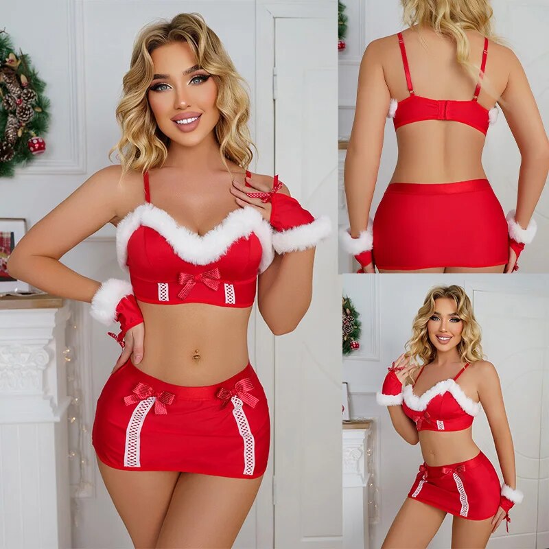 Sexy Red Lingerie Women Bra Skirt Set Underwear Christmas Sleepwear Gift