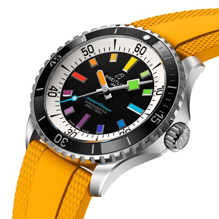 Performance and style for all your water-based pursuits.
In the 1960s, the new sport of scuba diving was all the rage. For divers, timing was everything, and Breitling set out to give them the most clear-cut dive watch possible by eliminating any feature that didn’t support their lifesaving needs underwater. This pared-down watch was named the Superocean Slow Motion. What remained were clean lines, chunky luminescent indexes, squared-off hands and a high-contrast dial ring, all aimed at maximum legibility. Practical, yes. But what people really fell in love with was the look.
The new Superocean retraces the Slow Motion's celebrated design codes, while adding modern features, like a scratch-proof ceramic-inlayed bezel and brightly colored dials. Broad hands and indexes in a rainbow gradient of luminescent Super-LumiNova® allow for easy readability (and extra fun). The watch is water resistant to 300 m (1,000 ft), as well as being shock-, sand- and saltwater-resistant. The bronze version uses a special alloy that has excellent resistance to corrosion, yet will still develop a subtle patina over time that makes the watch even more unique. The rubber strap comes with a folding clasp that allows for micro-adjustments of up to 15 mm for easy wear over rashies and wetsuits. For safety, the bezel is uni-directional.
Best of all, this is no longer strictly a dive watch—surf with it, swim with it, hit the beach bar with it, then wear it out to dinner. The Superocean perfectly balances the nostalgia of its heritage with a fresh new look.