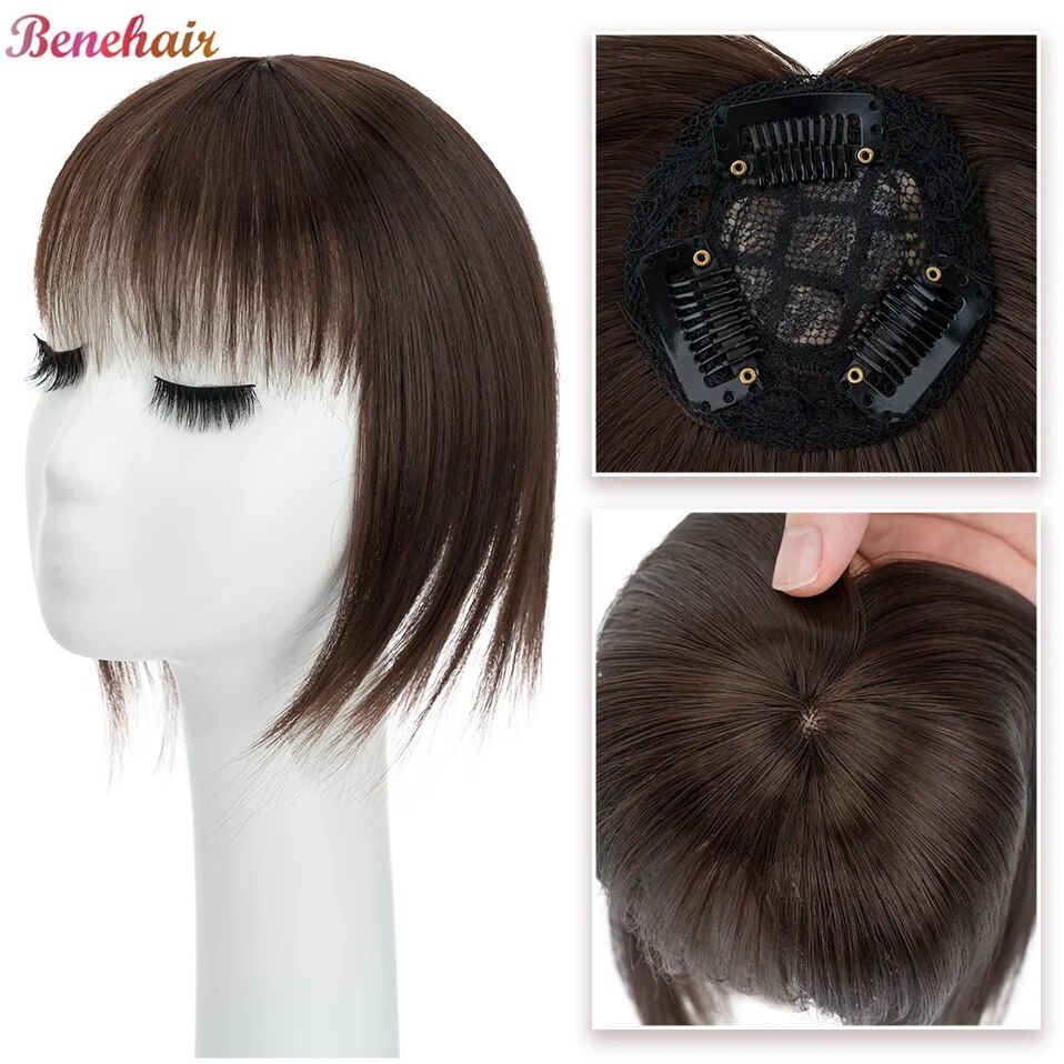 Benehair Synthetic Short Straight Hair Topper With Bangs Invisible 3D Hair Toupee For Women Hair Pieces Clip In Top Hair