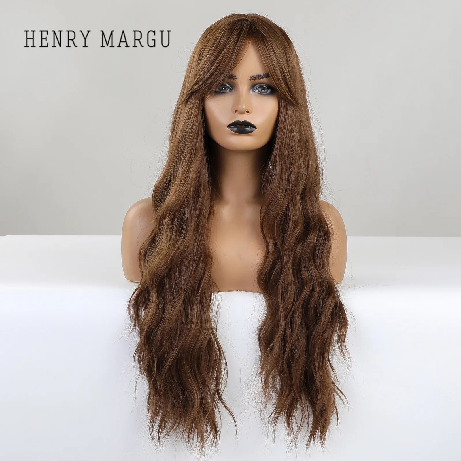 HENRY MARGU Long Brown Wavy Synthetic Wigs with Bangs Natural Water Wave Hairs for Women Daily Cosplay Party Heat Resistant Wigs