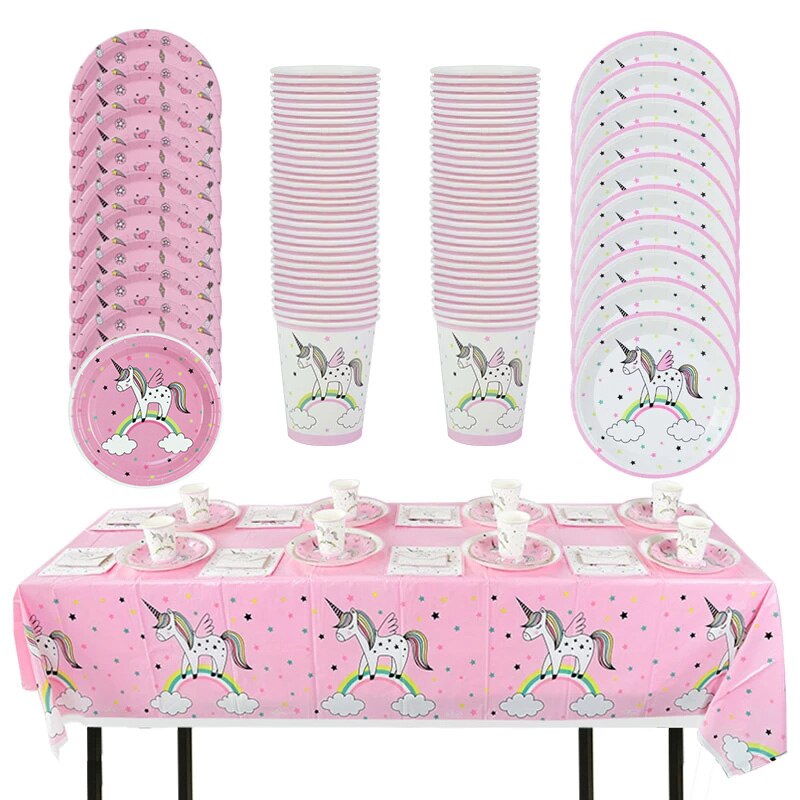 Unicorn Theme Disposable Party Tableware Set Paper Plate Cup Straw Happy Birthday Baby Shower Girl Decorations Kids Supplies