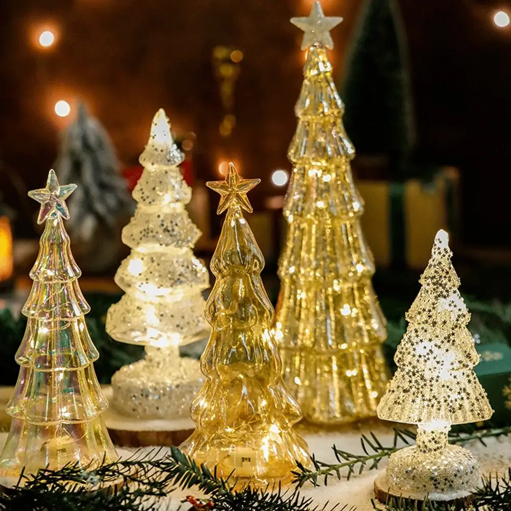 Glowing Glass Christmas Tree Ornaments Home Luminous Desktop Decoration Led Night Light Party Xmas Decorations Festival Kid Gift