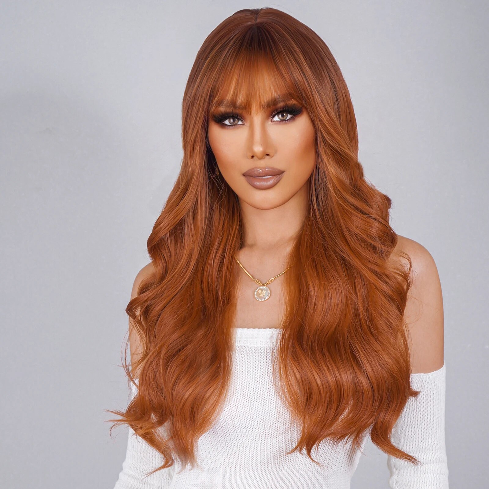 HENRY MARGU Red Brown Wigs with Bangs Long Wavy Copper Ginger Synthetic Wig for Black Women Daily Party Use Heat Resistant Fiber