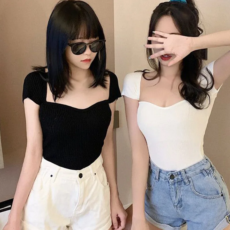 Women's Square Neck Slim Fit Sexy Knitted Short Sleeve T-shirt Korean Edition Solid Low Neck Sexy Knitted Short Sleeve T-shirt