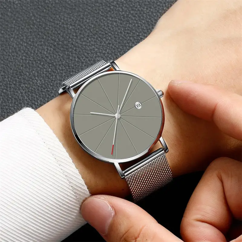 1pc luxury fashion mens business watch ultra thin stainless steel mesh quartz watch reloj hombre details 3