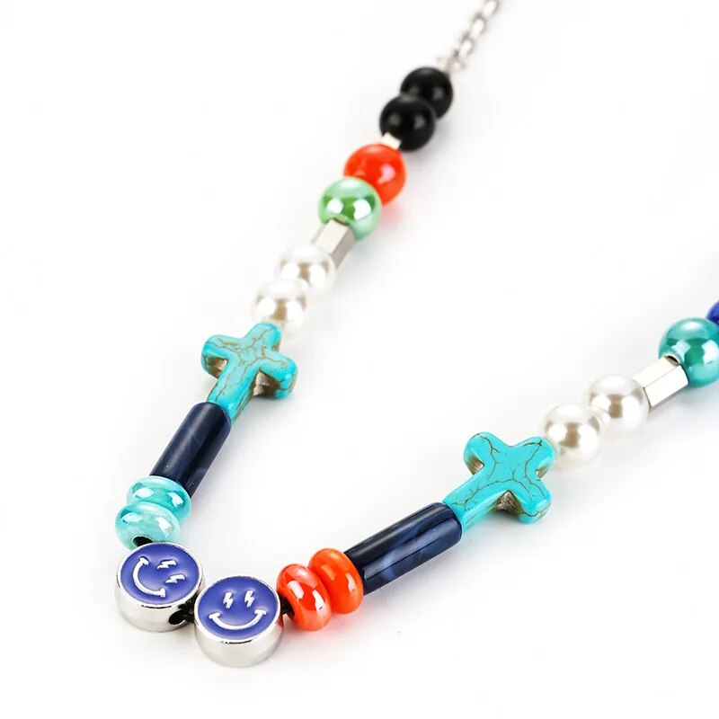 2023 New Street Ceramic Pearl Cross Smile Necklace Trendy Beaded Nightclub Jewelry Gift for Men and Women