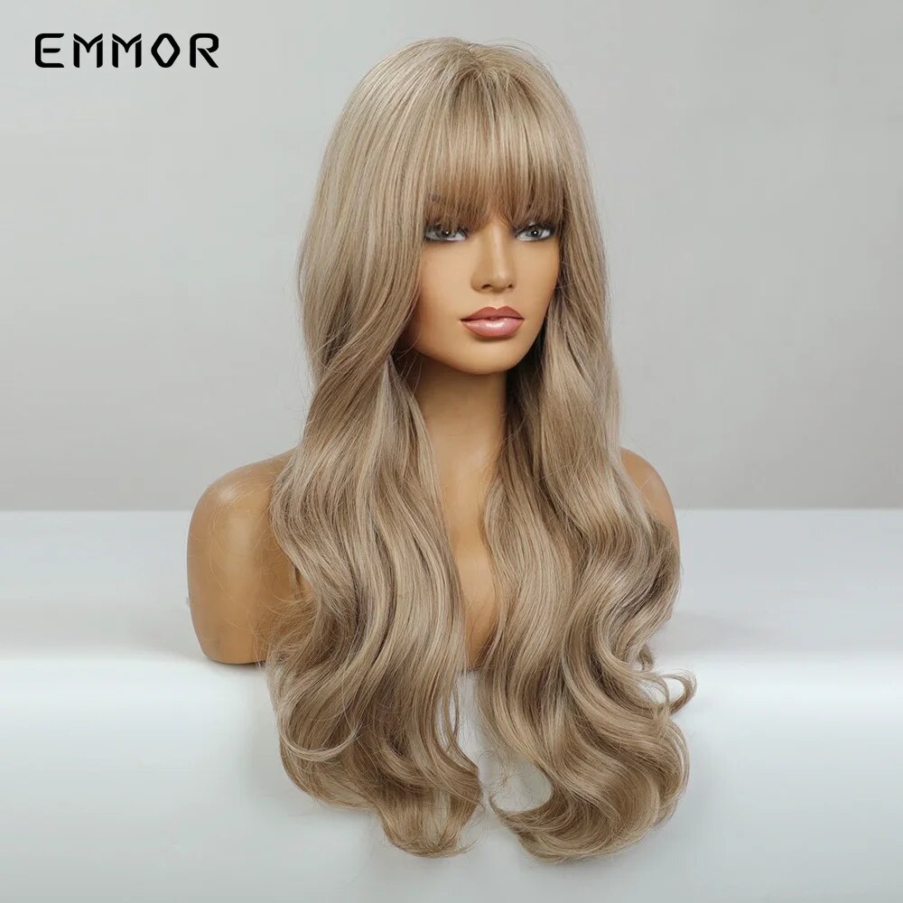Emmor Synthetic Long Blonde Wavy Wigs for Women Hair Soft Natural Light Blond Wig with Bangs Heat Resistant Fiber Hair Wig
