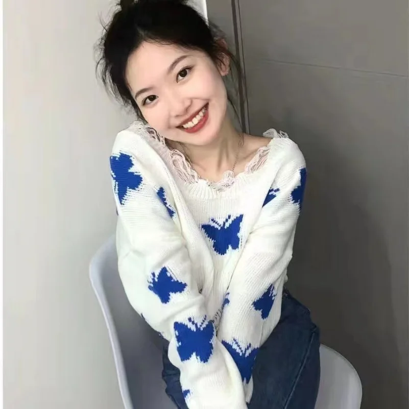 New Women Casual Loose Jumper Korean Fashion Graphic Butterfly Knitted Sweater Woman Sweet Oversized Cropped Off Shoulder Tops