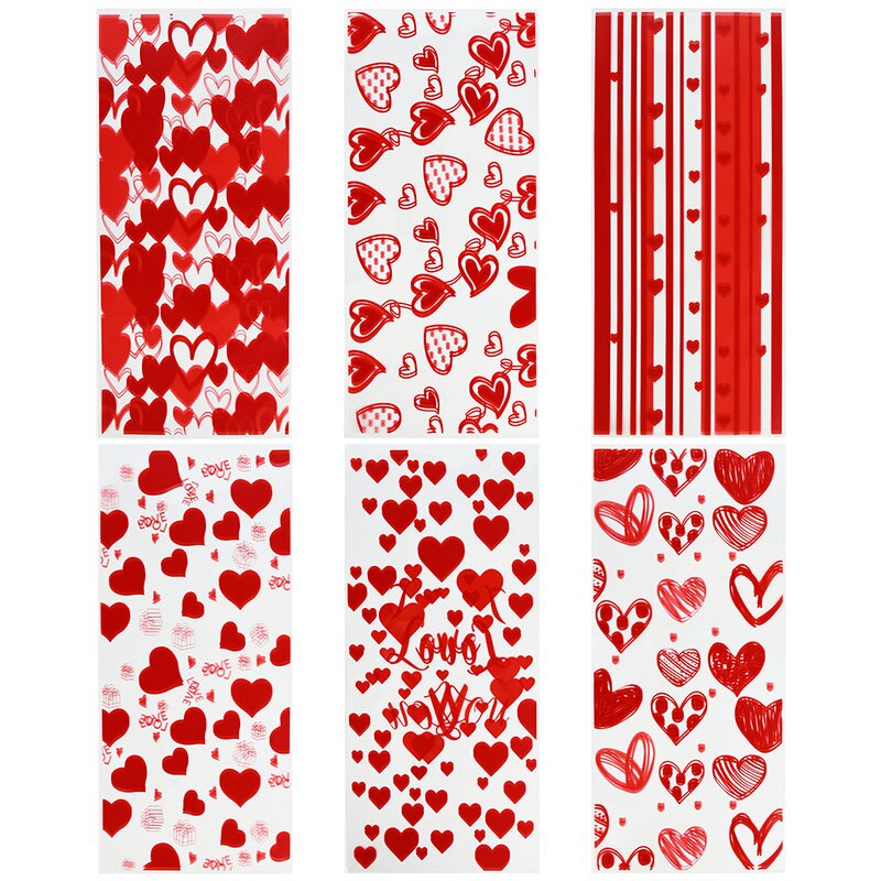 60pcs Valentine's Day Mix Love Red Heart Pattern Candy Bag Love Pattern Baking Packaging Gift Wedding Decor Diy Plastic Pouch