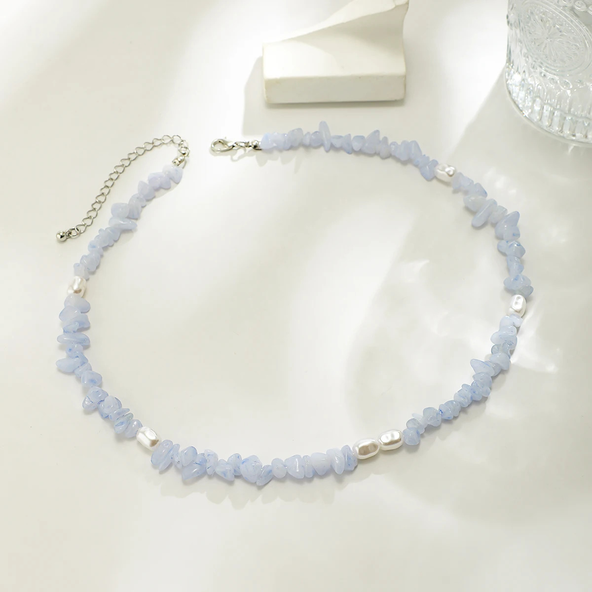 KunJoe Boho Irregular Ocean Blue Stone Imitation pearl Beads Choker Necklace for Men Women Summer Beach Clavicle Chain Jewelry