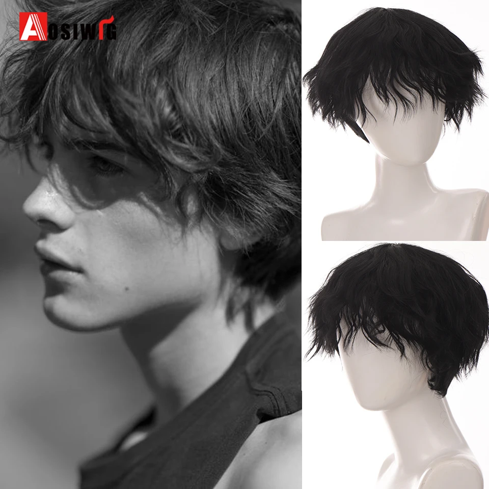 AOSIWIG Men's party Cosplay Short Curly Naturaly Synthetic Wig Heat-Resistant Boy Breathable Wig
