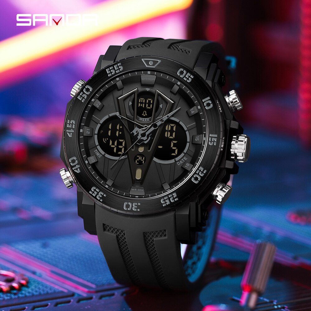 SANDA Brand Men Watches Dual Display LED Digital Quartz Wristwatch 50M Waterproof Sports Military Watch Relogios Masculino 6105