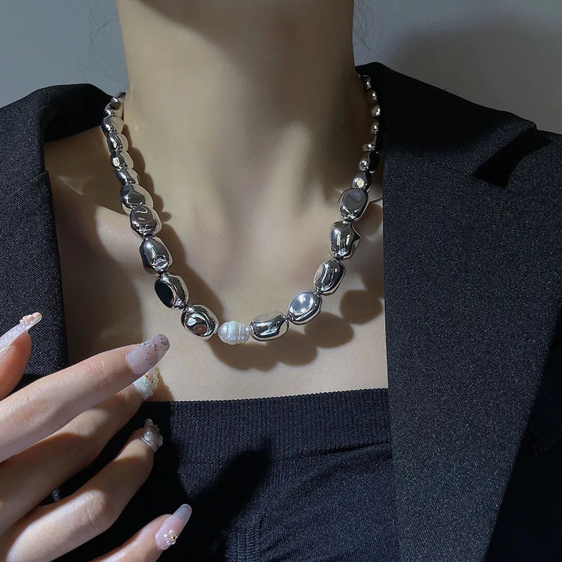 Fashion Silver Color Special-shaped Irregular Beaded Necklace Pearl Simple Temperament Collarbone Chain Hip-hop Trend