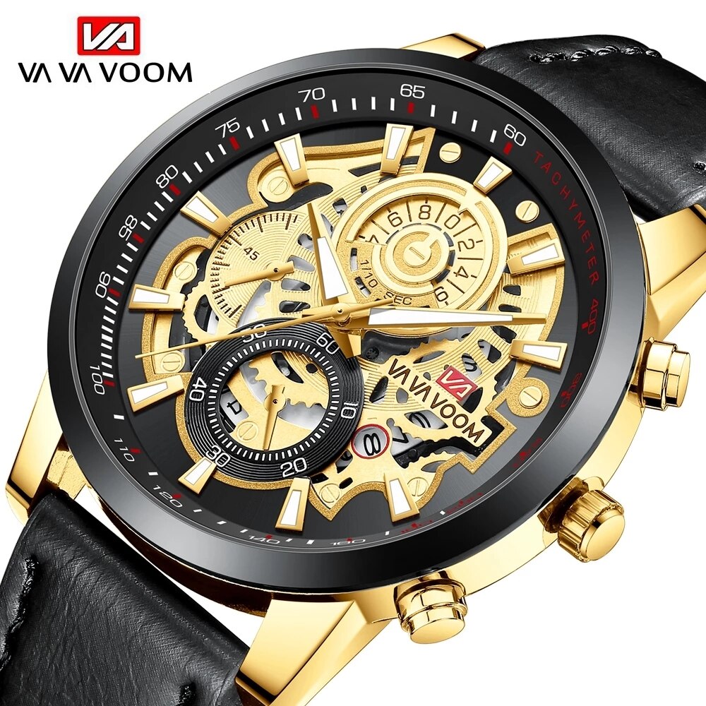 VAVA VOOM Business Mans Watches Quartz Watch Luxury Men's Wrist Watch Black Gold Stainless Steel Case Waterproof Wristwatch