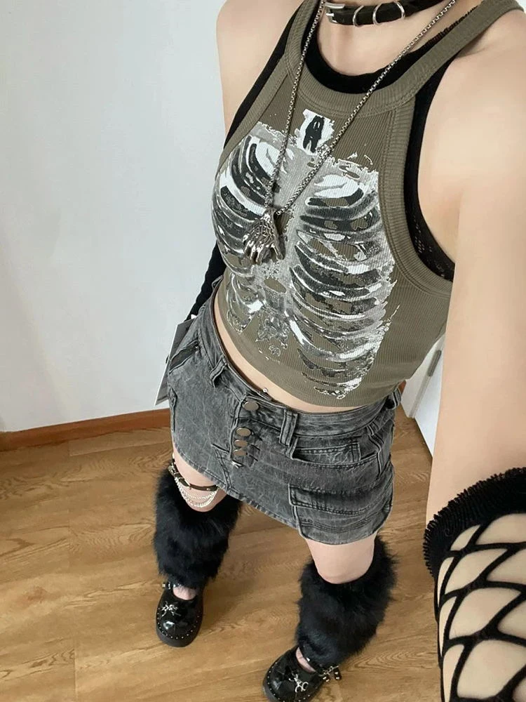 Gothic women's top retro women's Y2K T-shirt vest skull print Grunge women's fashion casual cut top EMO