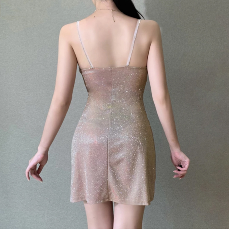 WAYOFLOVE Sexy Bright Silk Diamond Women Mini Dress Low-Neck Sleeveless Backless Night Club Party Dress Elegant Princess Dresses
