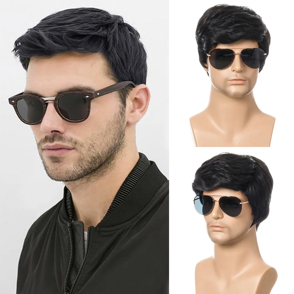 Short Men Black Wig Straight Synthetic Wig for Male Hair Fleeciness Realistic Natural Black Toupee Wigs