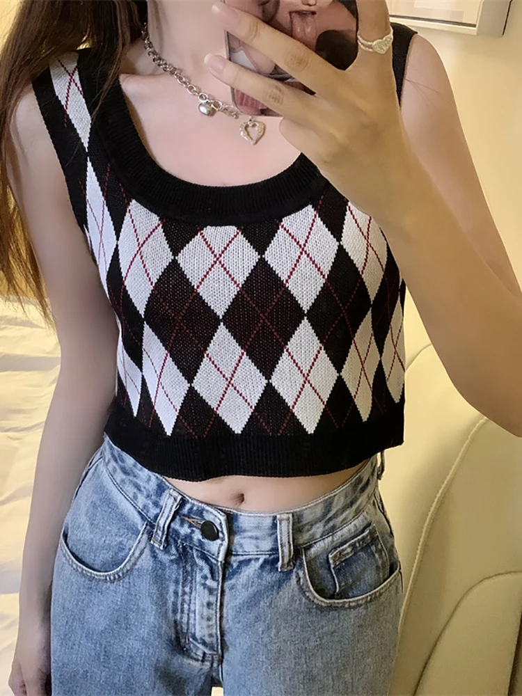 HELIAR Women Plaid Tank Tops Backless Cute Camis Female Crop Tops Knitted Tops Women Crop Tank Tops 2023 Summer