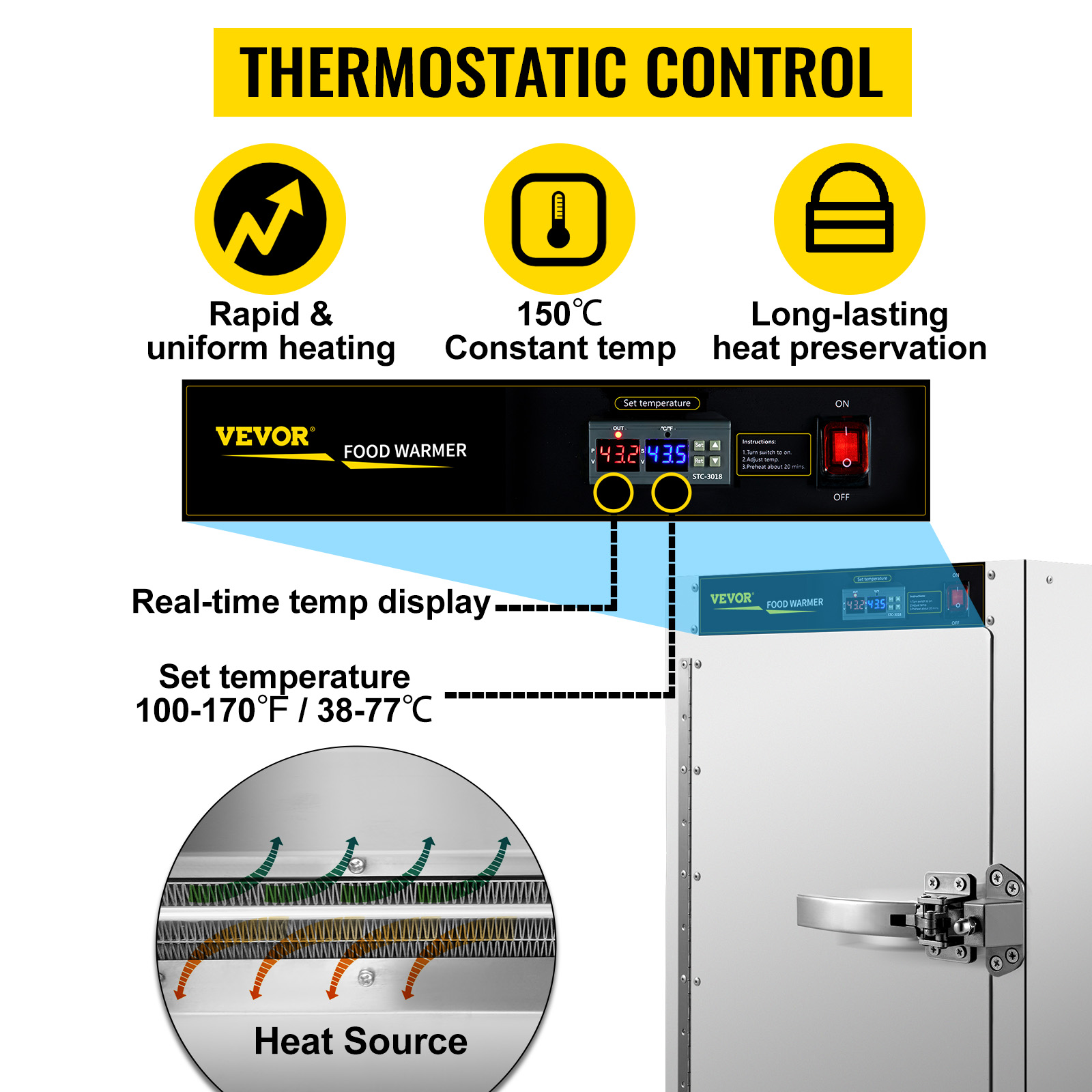 VEVOR hot box food warmer with thermostatic control, real-time temp display, and adjustable temp settings.