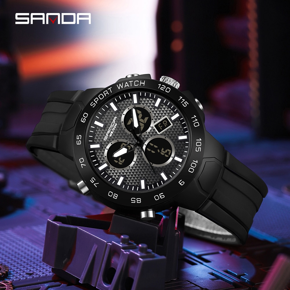 SANDA Top Luxury Brand Men's Watches Outdoor Sports Waterproof Dual Display Quartz Wristwatches Digital Relogio Masculino 3112
