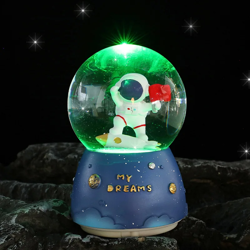 Creative Astronauts Snow Globe Luminous Crystal Ball Music Box Glass Ball Desk Ornaments Office Home Decor Kids Christmas Gifts
