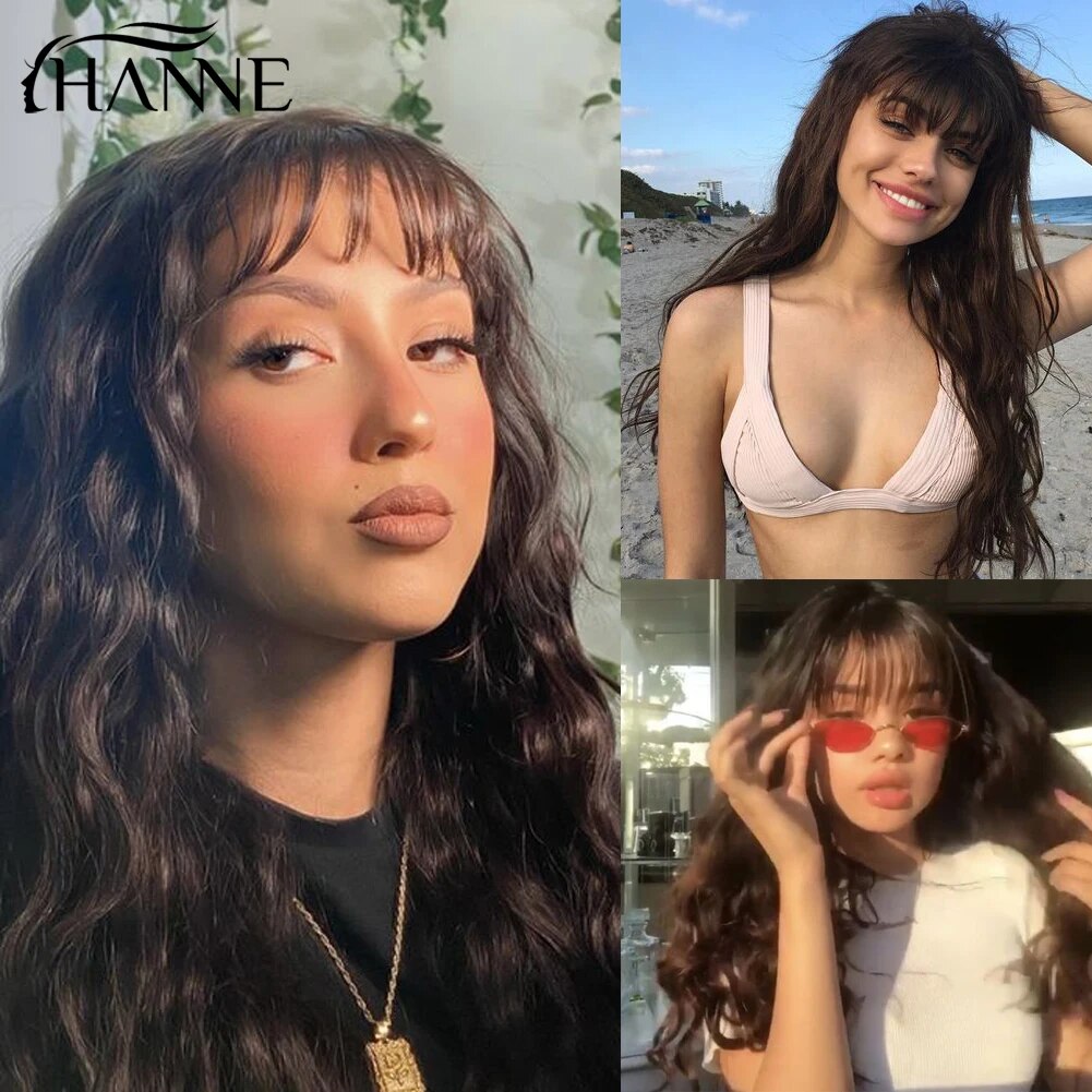 HANNE Brazilian Body Wave Human Hair Wigs With Bangs Wig Natural Black  Remy Short Long Women Hair 150% Density 12-18
