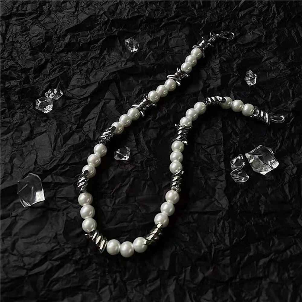 Fashion Stitching Thorns Chain Pearl Beaded Necklace Men Jewelry 2022 Trend Street Hip-hop Necklaces Jewelri Man Punk
