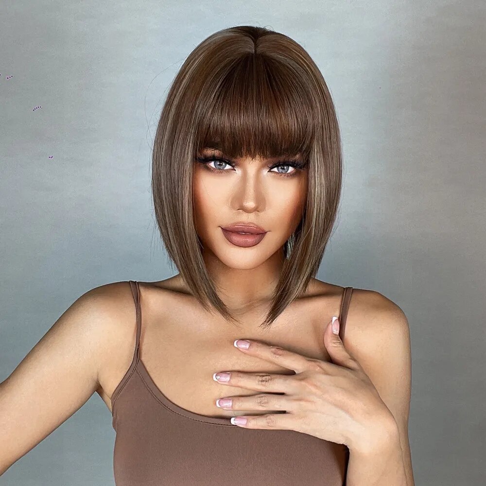 HENRY MARGU Brown Highlight Bob Wig Mixed Color Synthetic Hair for Women Natural Short Straight Wigs with Bangs High Temperature