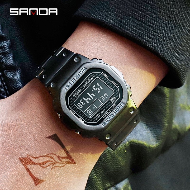 SANDA Top Brand Luxury Men's Watches LED Digital Watch Men 5ATM Casual Waterproof Wristwatch Steel Clock Relogio Masculino 390