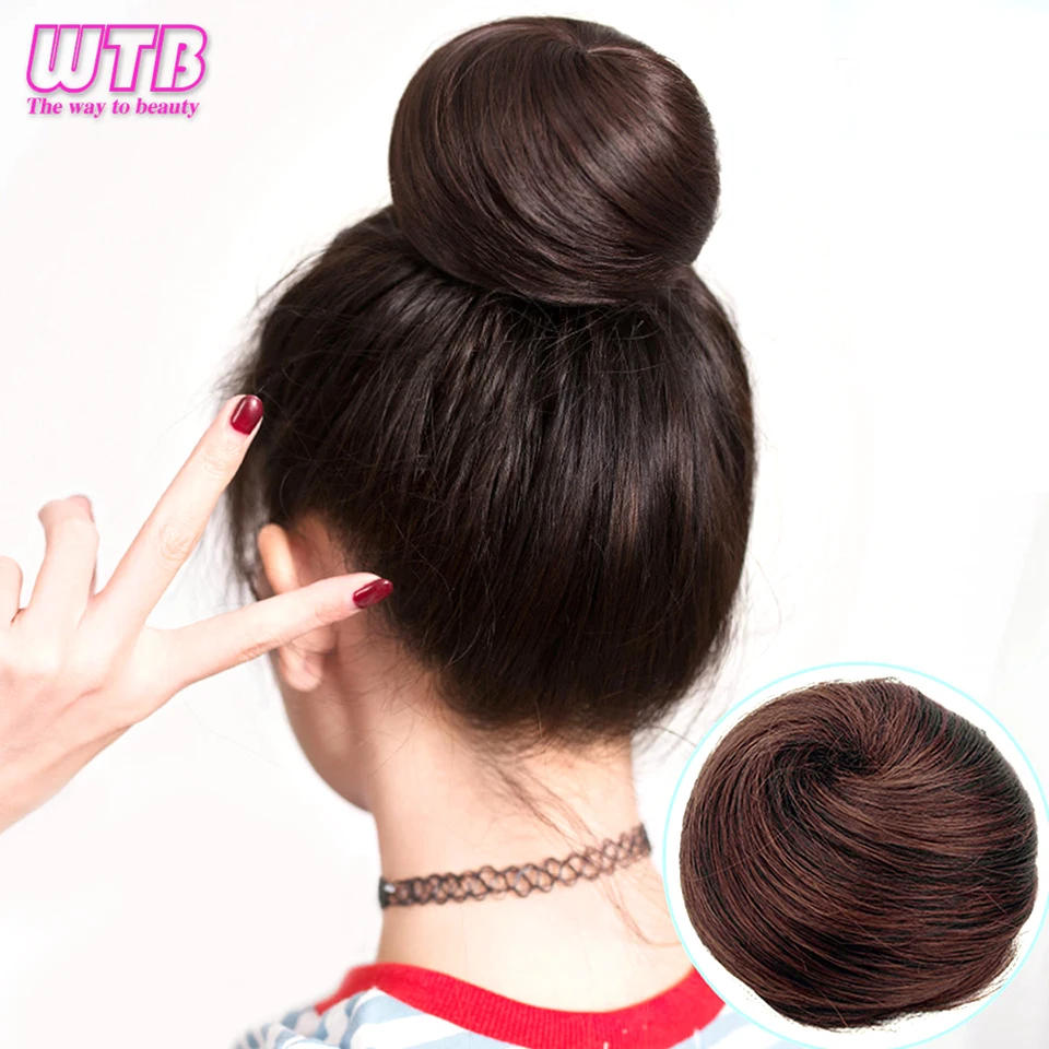 WTB Synthetic Hair Bun Straight Chignon for Women Hair Band Elastic Rubber Band High Temperture Fiber Hairpiece Hairpins Black