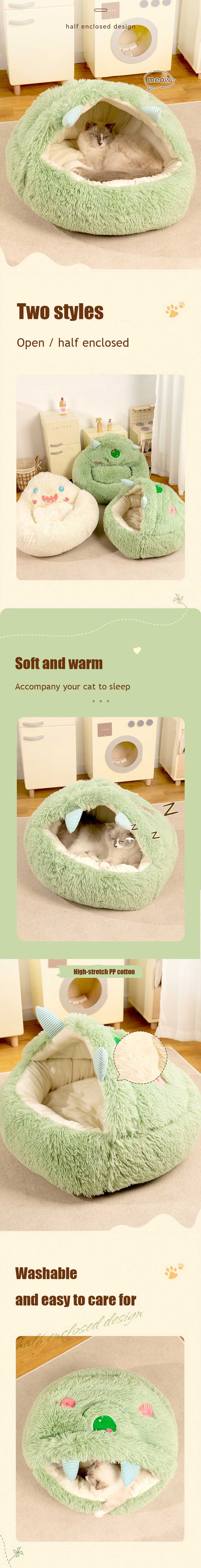 About This Item Like a house, 360 ° windproof and warm, can hide well enough to sleep. Double-sided inner pad, removable and washable, easy to clean separately, to meet the various likes of cats. Deep in it, full of security, no matter how noisy outside, the cat can also sleep peacefully. Highly elastic PP cotton, extrusion will not collapse, double warm filling, soft, comfortable and warm.