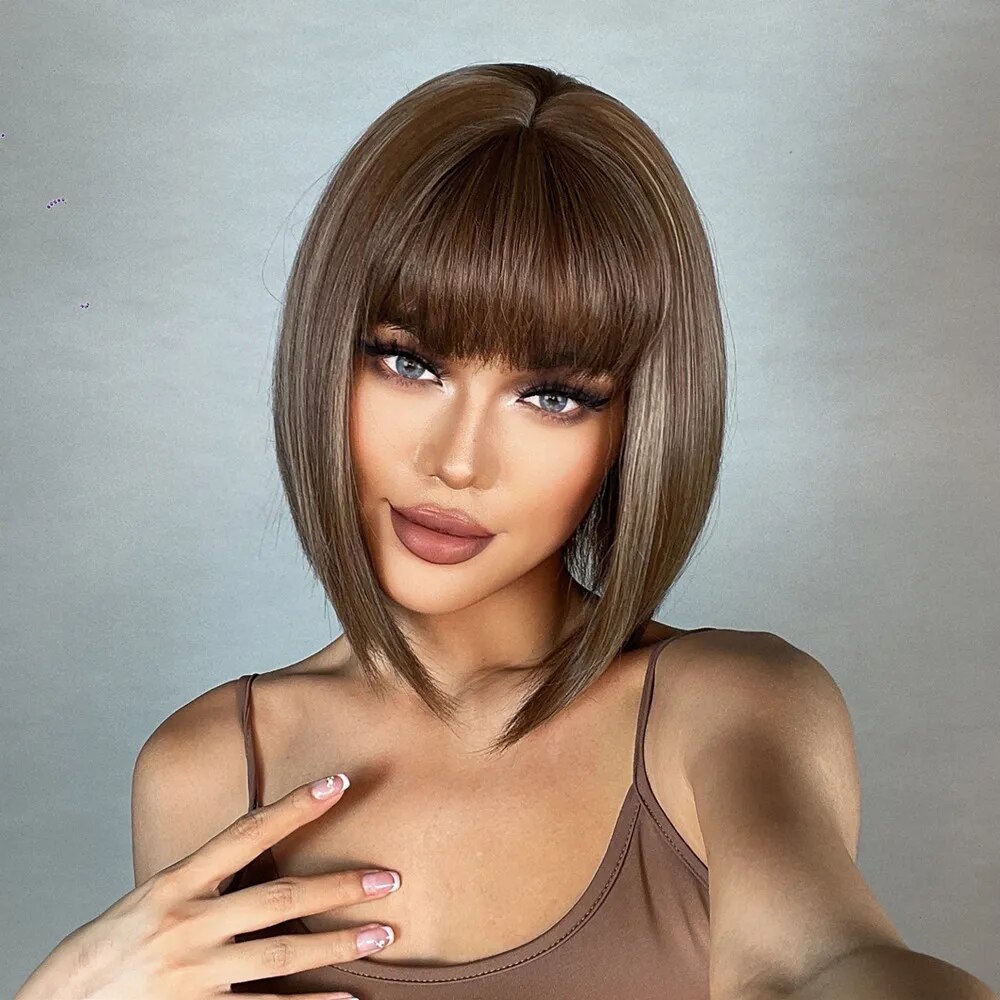 HENRY MARGU Brown Highlight Bob Wig Mixed Color Synthetic Hair for Women Natural Short Straight Wigs with Bangs High Temperature