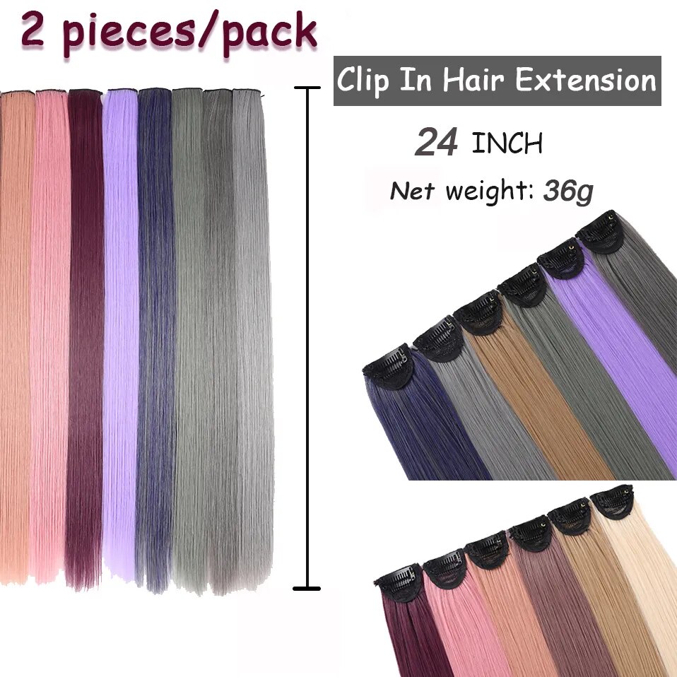 Benehair Synthetic 24inch Colored Long Straight Chip In Hair Extensions Highlight Rainbow Hair Clips Grey Blue Purple Hairpieces