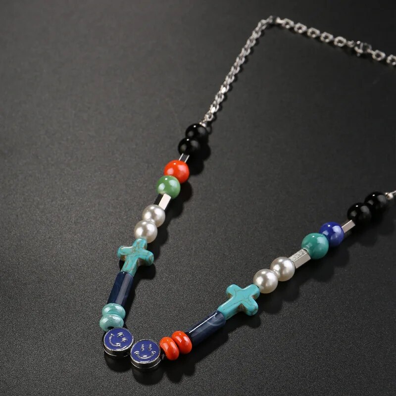 2023 New Street Ceramic Pearl Cross Smile Necklace Trendy Beaded Nightclub Jewelry Gift for Men and Women