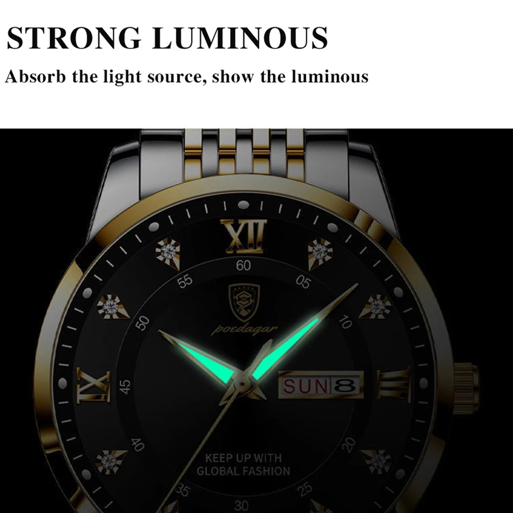 POEDAGAR Men's Fashion Ultra Thin Watches Top Quality Luxury Waterproof Luminous Date Week Leather Watch For Man Business Casual
