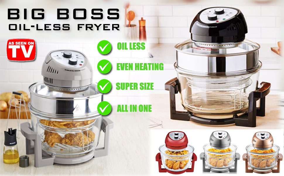 BIG BOSS FRYER, LARGE AIR FRYER, HEART HEALTHY, USE LITTLE OR NO OIL, LESS OIL, HEALTHY FRYING